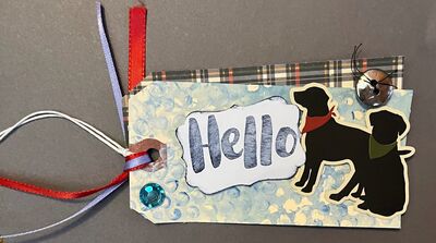 Hello
April tag challenge
Keywords: ink;water spritz;sticker;ribbon;dog;gem;stencil work;button