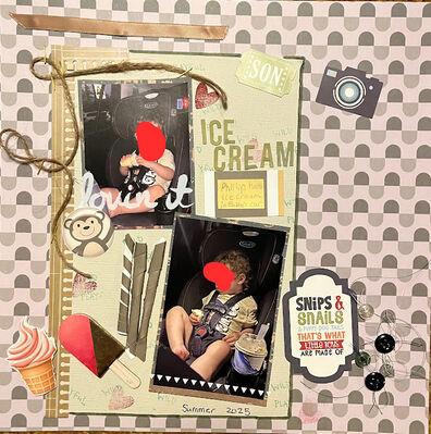 Ice Cream
9/15 Challenge:  Fed's car
Keywords: rope, pp;2 photos;camera;popsicle;ice cream cone;buttons;rolled up paper;buttons;rub ons