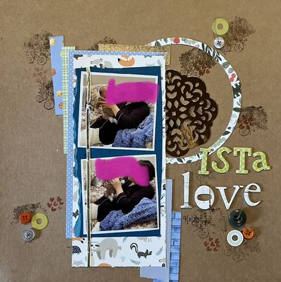Ista's love  (mom;s love)
October 4 challenge:  Night of the Museum book cover
Keywords: blue;animals;buttons;circles;ink