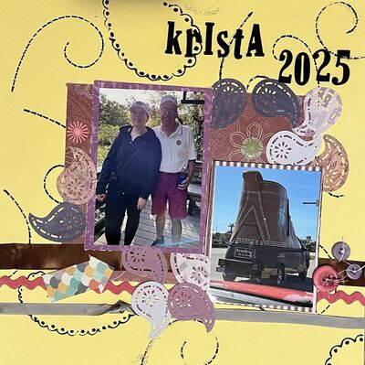 Krista
7/4/25 Challenge
Keywords: yellow background;swirl stencils;ribbon;punch;buttons;thickers;big title