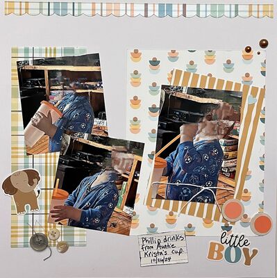 Little boy
2/15 Challenge
Keywords: 3 stickers;3 pp;3 photos;twine;buttons;pop dots