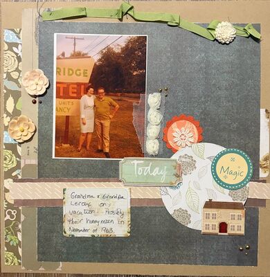 Magic
12/1/25 sketch challenge
Keywords: green;old photos;ribbon;circles;flowers;sewing;pop dots;lace;button;cardboard house;old paper pad;pop