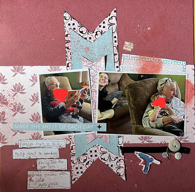 Make the most of each day
July 18 challenge
Keywords: fussy cutting;layers;pps;buttons;ribbon;books;ink splatters;printed title;sweet grandson