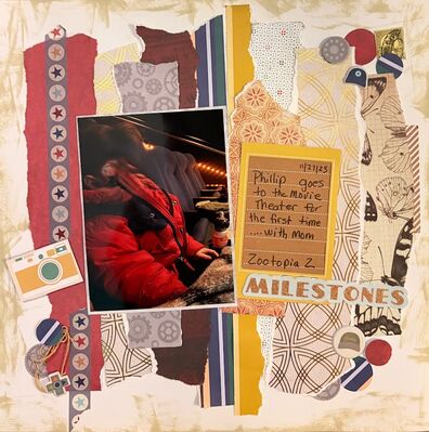 Milestones
Jan 18 challenge
Keywords: paper strips;journalling;circles;washi tape;camera;grandson;gold lined paper;ripped paper edges;ink: stickers;string
