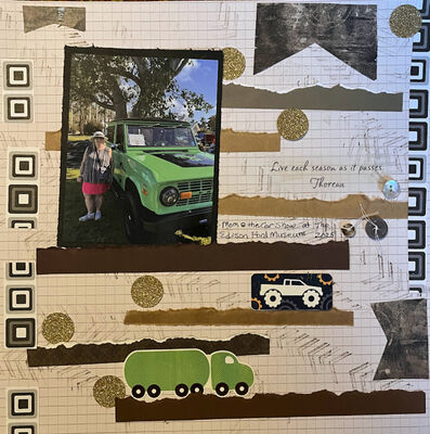 Mom and an old Bronco
9/12 Fred's Primitive Car challenge
Keywords: fussy cutting;stickers;inked background;ripped paper road;flag;buttons;vellum quote