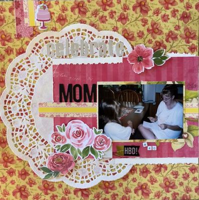 MOM
February 24th challenge:  color palette and flowers
Keywords: flowes;doily;glitter;cake;heart