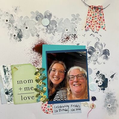 Mom + Me
Jan 29, 2025 challenge
Keywords: inked edges;ink splatter;stamping;buttons;lace;thread: flags;gems