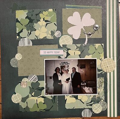 So happy today
November 1, 2024 Challenge 
Keywords: grid;pp;strips of paper;shamrock;circles;gems;buttons;cardboard circle;acrlic bow;thread