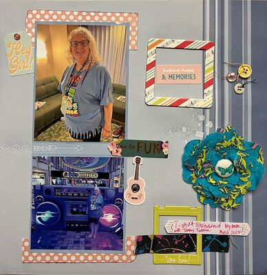 Hey girl
January 19, 2025 challenge:  1968 If I can Dream
Keywords: frames;guitar;flower;ribbon;buttons;rub ons;pop dots;boom box