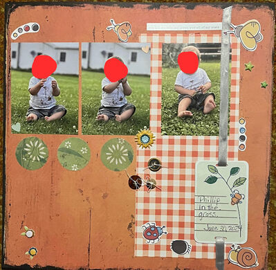 Phillip in the grass
June 7, 2025 challenge
Keywords: 3 circles;bugs;gingham paper;stickers;ribbon;buttons;stars;fussy cutting