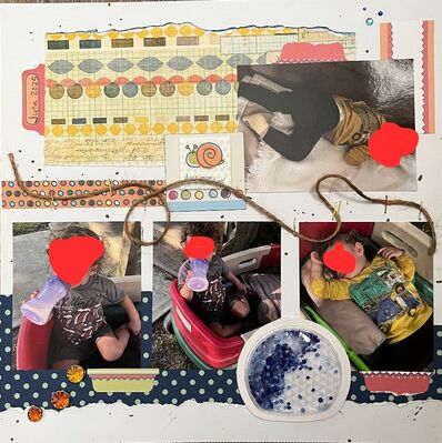 June 2025
October 3, 2025 challenge
Keywords: shaker globe;twine;pps;tabs;ink splatters;decorative scissors;ripped paper edges;crystal brads