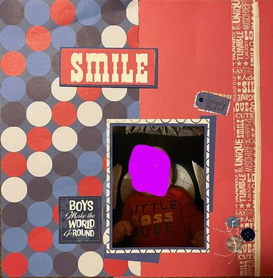 Smile
Wednesday 8/28 challenge
Keywords: circles;ribbon;buttons;tag;stickers