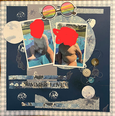 Summer Love
April 9, 2025 challenge
Keywords: ink splatters;large circle;small circles;strips of paper;stamping;rectangle;stickers;vellum;buttons;thread;water splashes;sunglasses