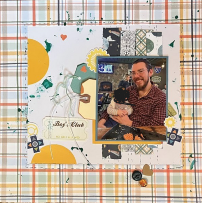 Boy's Club
August 10 Challenge
Keywords: hidden journaling;thread;paint splatters;embroidery floss;buttons;hearts