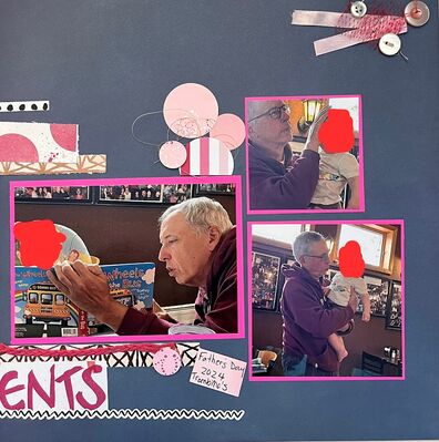 These moments pg 2 
2/17/25 Sketch challenge
Keywords: pp;black paper;pink paper;stickers;buttons;circles;ribbon;thread;onion bag;staples