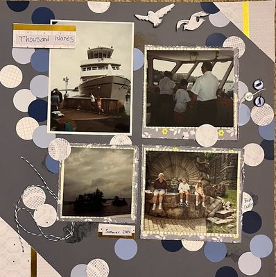 Thousand Islands
February 7, 2024 Challange:  "We all fall down"
Keywords: circles;birds;string;blue;double matting;inking;buttons;rough edges