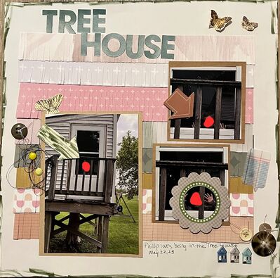 Tree House
9/10/25 Challenge
Keywords: butterflies;circles;stickers;buttons;thread;pop dots;cardboard embelloshments;fringed paper;arrow;ink;vellum