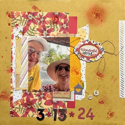 Wonderful
January 1, 2025 Challenge
Keywords: ink, border punches;flowers, string;numbers;paper strips;buttons;cardboard;ripped paper edges