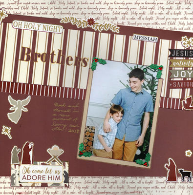 Brothers
These are my 2 Grandsons from North Carolina a couple of years ago.  I think this picture is so sweet because they’re rarely happy and loving with each other!
Materials – Based on Tammy's Make a Wish layout; Patterned Papers, Cardstock, Stickers – Echo Park; Corner Stickers – Holiday Trendz; Ink – Ranger Distress Mini “Aged Mahogany”; Pens – Sakura Gel Roll, Uniball Signo; Title cut on Silhouette using “Elephant” font

Keywords: Wise Men;Echo Park;Brothers;Christmas;Nativity;Angels
