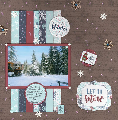 Let It Snow
This is a partial picture of our new home under construction in January 2020.  It was so pretty out that I was just taking random pictures.  This one is our favorite of the building we’re calling Windchime in honor of my late mother who loved and collected wind chimes for many years.  I made droplets all over the page using Nuvo Drops.  Sketch by Allison Davis.
Keywords: Snow;Winter;House;Strips;Scraps