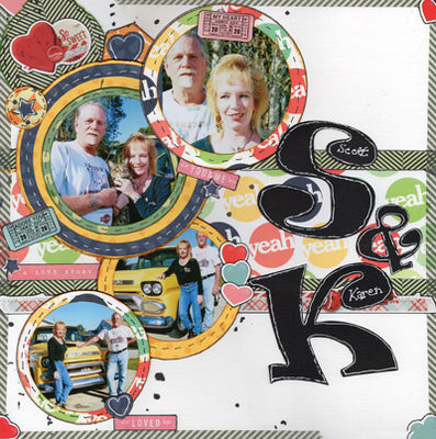 S&K
My September Chef of the Month challenge example.  These are dear friends of ours from Florida.  Shortly after I created this layout I found out that Karen had succombed to a long term illness.  I was glad that I had honored her and Scotty this way.  
Keywords: Layered Circles;circles;mist;tearing