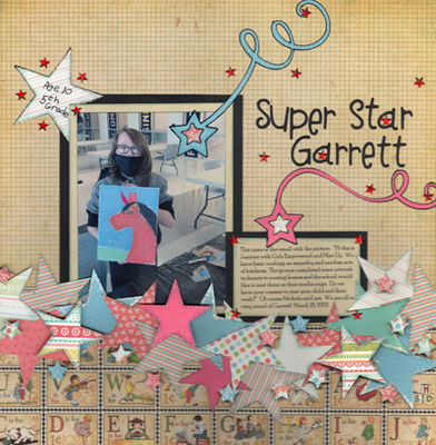 Super Star Garrett
This is my 10 year old grandson Garrett.  His class donated their creations to a local nursing home.  This is for the May 8 sketch.
Materials – Sketch – Laura Rumble; Cardstock – Bazzill; Patterned Papers – Graphic 45, Echo Park, Carta Bella, Doodlebug Designs; Ink – Ranger Distress “Speckled Egg”; All of the stars, arrow stars and title were cut on my Silhouette.  Title font is “LDJ Sorta Cockamamie; Rhinestone Stars – Love Nicole; “Diamond” Stickles by Ranger; Pen – Sharpie; Star Punch – EK Success

Keywords: Stars;Boy;Art;School;Inking