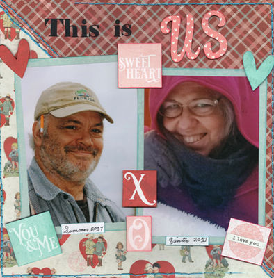 This is US
A picture of my husband and a picture of me in 2017.  I used 5x7 photos and hand stitching on this one.  Sketch - Allison Davis.
Keywords: Us;Love;Triangle;Hearts;Valentine;Couple;Husband;Wife;Masculine