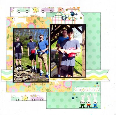 Happy Easter - August 10th Challenge
Photos of older grandsons Nate, Brady, and Marcus. They are such good sports to play along with their younger cousins at our egg hunt, Easter 2024. 
Keywords: Simple Stories