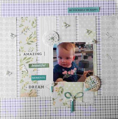 Be Yourself Be Happy
Just like Grandma use to make 3rd January: Milk Gravy Frosting: 1 x photo , 6 x Pattern papers, Small Emblishments,  Rhinestones, Circles under flower dye cuts, 1x Photo Mat,  and Cotton 
