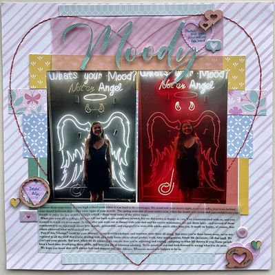 Moody
My daughter sent these photos to me - of herself at a college party this past fall. I realized how far she's come since the dark days of spring 2020, her last semester of high school, when everything was shut down, she couldn't see her friends, and she was so sad.
She's now adapting well to college, she's communicating with us, and even though she does have daily struggles, she's coping and adulting well!
I used a sketch from Rochelle Spears for the design.
