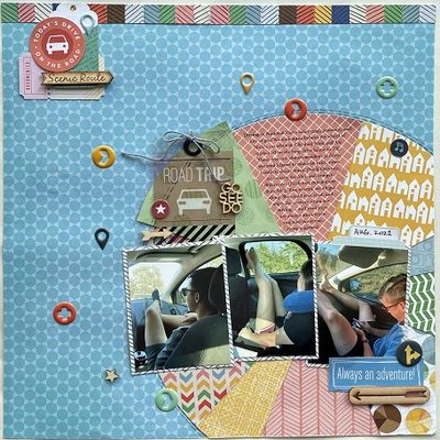 Road Trip
This page is about how we spent our time (hours and hours!) in the car during our August road trip to multiple national parks. I love the old Pagemaps sketch that Jan posted on the message board. This page uses all stash items - Amy Tangerine Ready Set Go, bits of PinkFresh Super Cool, Pink Paislee, and an old Citrus Twist kit.
